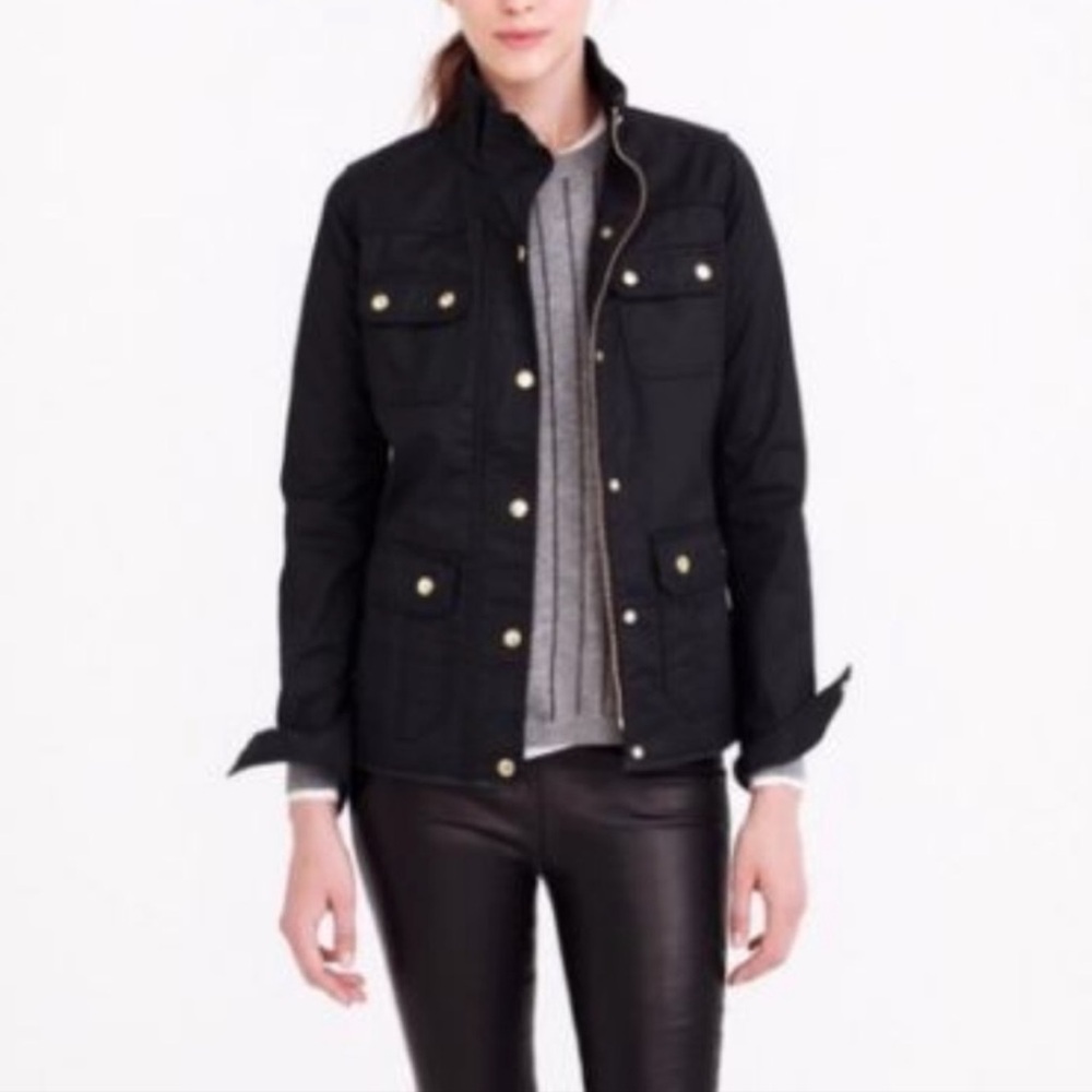 J.Crew Black Coated Relaxed Boyfriend Field Jacket Sz Small Utility cinch waist